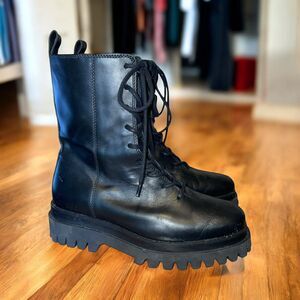 COS Boots 8 Chunky Black Leather Moto Tall Chelsea Boots Made in Portugal